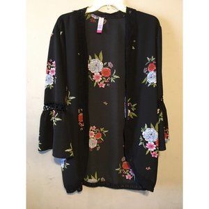 No Boundries Black Floral Mid Length Sleeve Kimono Cardigan Juniors Size XXL